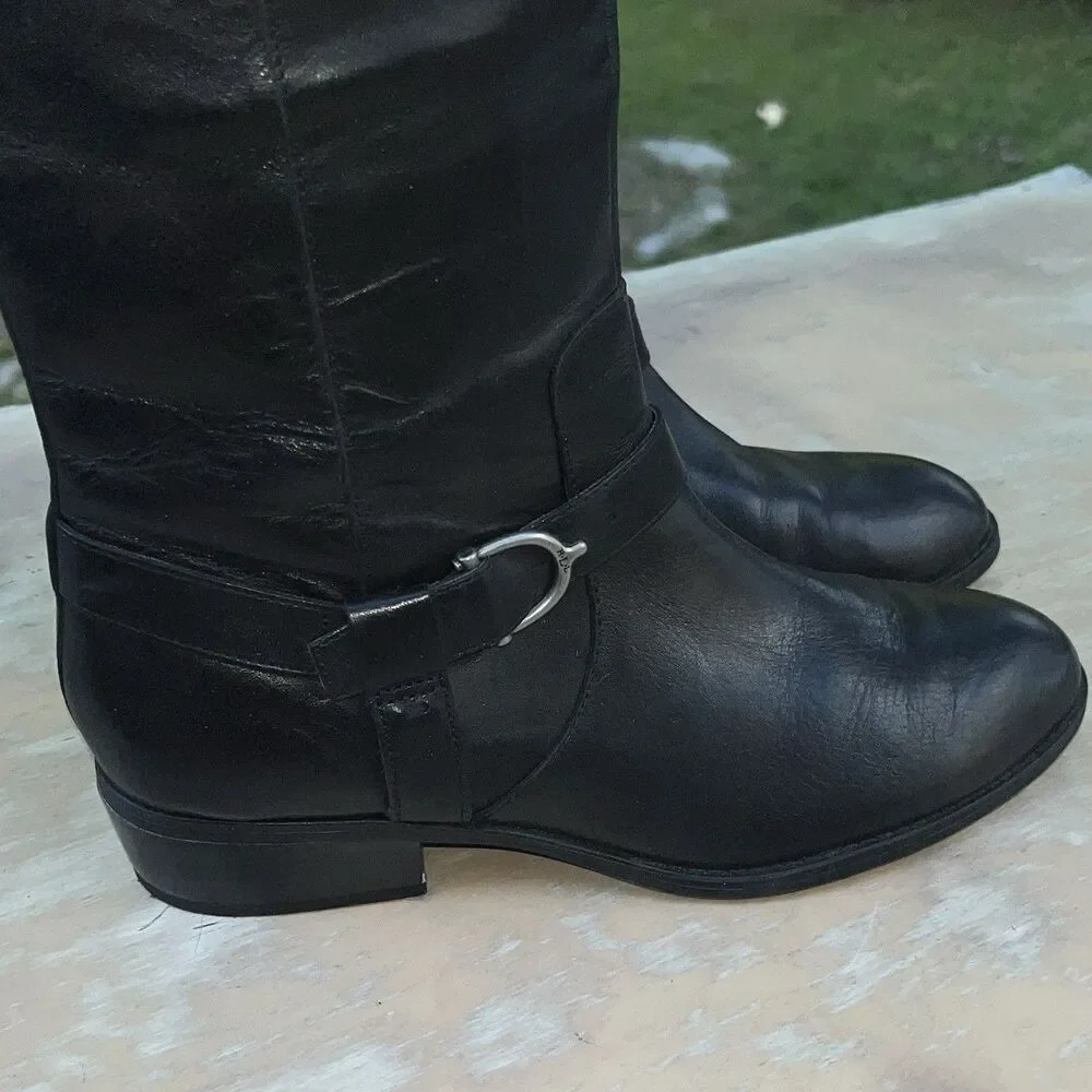 Lauren Ralph Lauren Margarite Black Leather Knee High Riding Boots 8B Buckle Zip